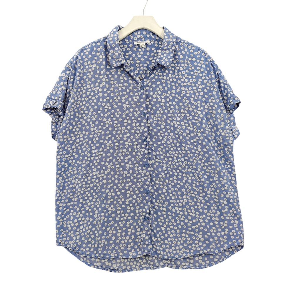 Beachlunchlounge Womens Cottagecore Boho Top XL Blue Daisy Button Up Blouse
